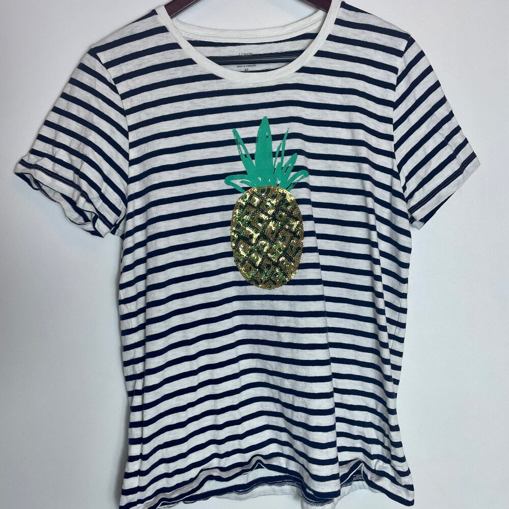 J CREW Collector Tee Navy White Stripe Sequin Pineapple Short Sleeve Top XL